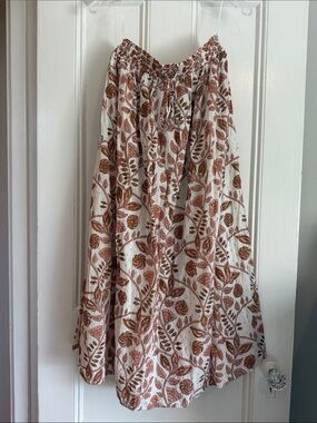 White Maxi Skirt with Brown Floral Leaf Print block print boho garden India gold